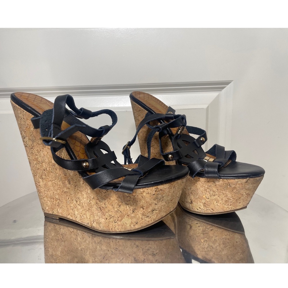 De Blossom Collection Black Strappy Cork Wedge Platform Sandals Studded Size 5.5